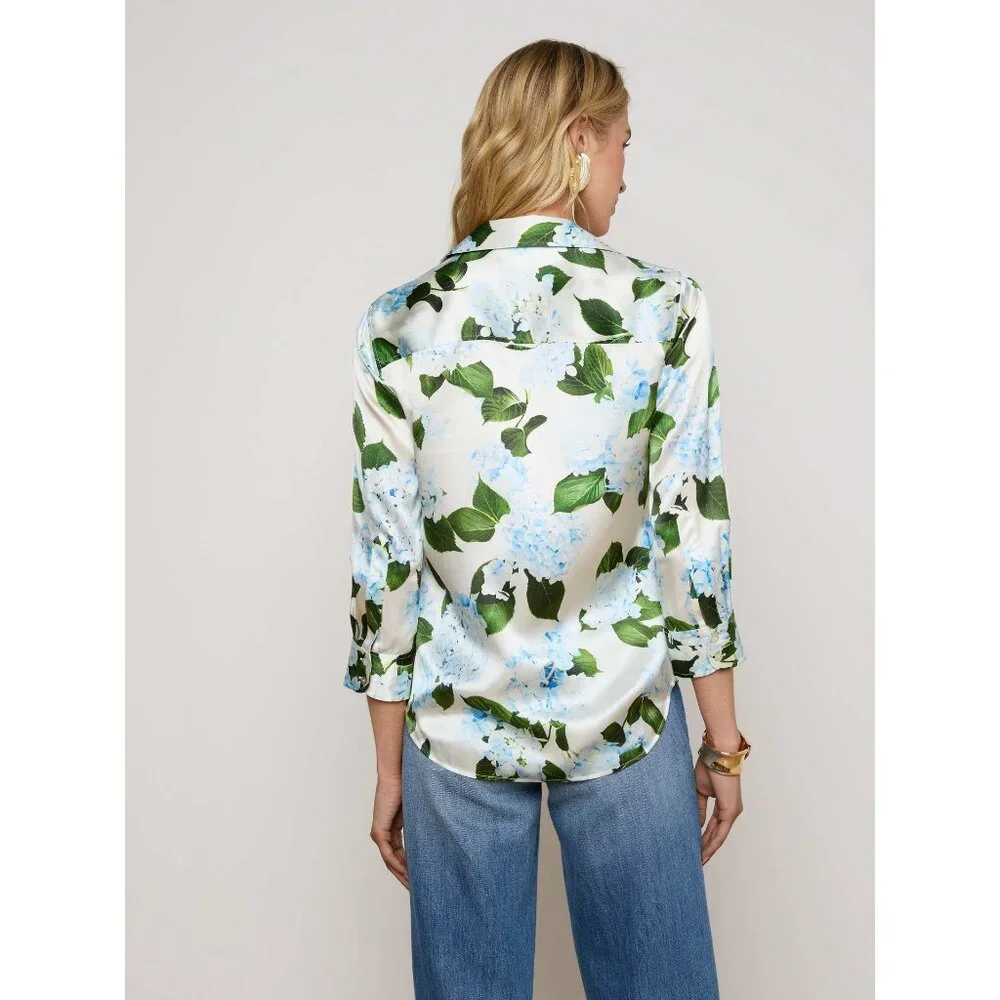 L'Agence DANI SILK IVORY/LIGHT BLUE HYDRANGEA BLOUSE TOP SIZE XS - Picture 2 of 10